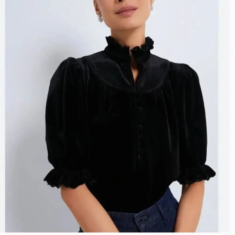 New Pomander Place Tuckernuck Selena Velvet Ruffle Top Black Sz S